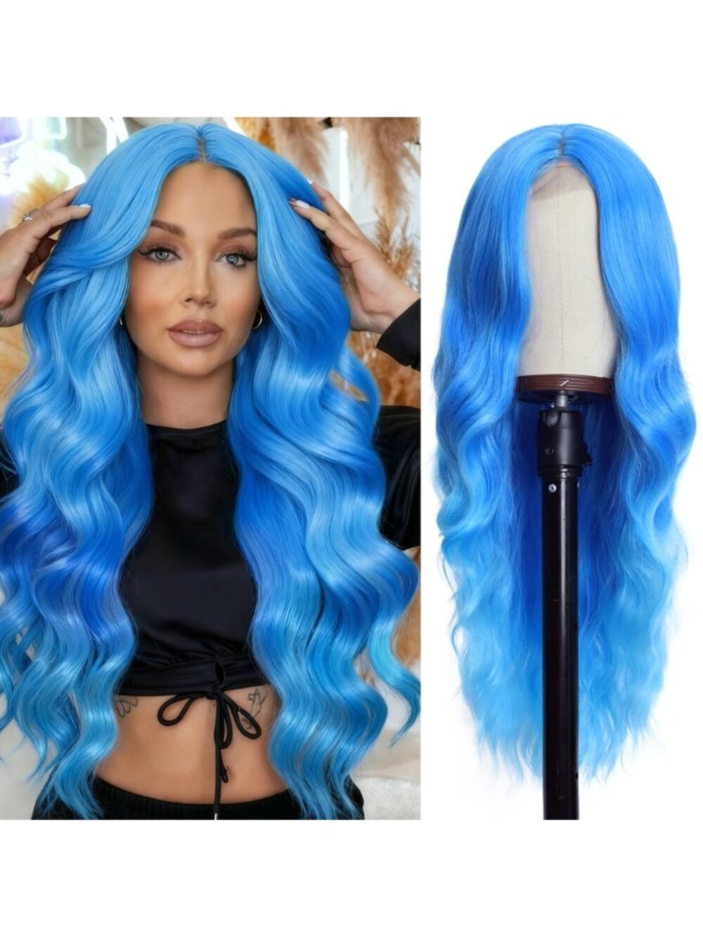 26 Inch Women's Blue Long Wavy Curly Hair Wig Halloween Cosplay
